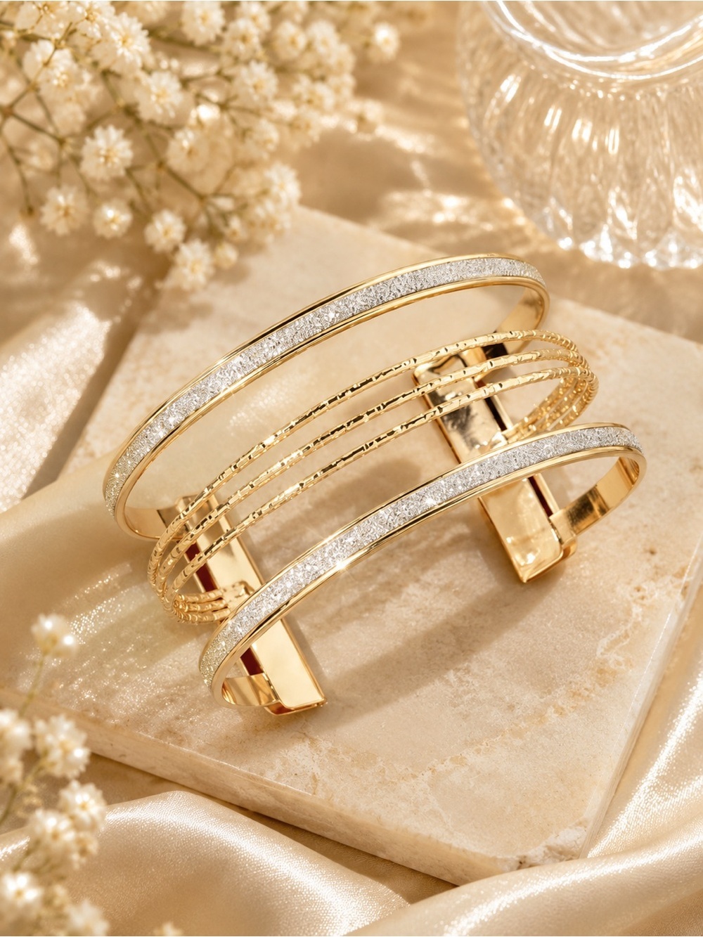 Gold Tone Multi-Band Open Cuff Bracelet with Glitter Inlay
